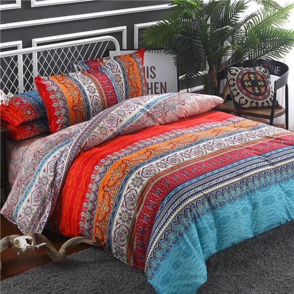 Striped Bohemian Comforter Set Queen Size 3 Pieces Boho Hippie Geometric Bedding - Picture 1 of 8